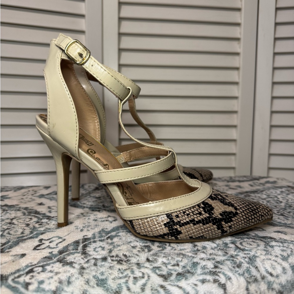 Brash, Elegant Cream and Snake Pattern Strappy Heels, Affordable Fashion